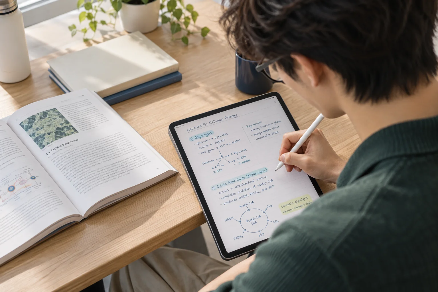Generated image: a university student handwriting notes on an iPad at a light oak desk, over-the-shoulder