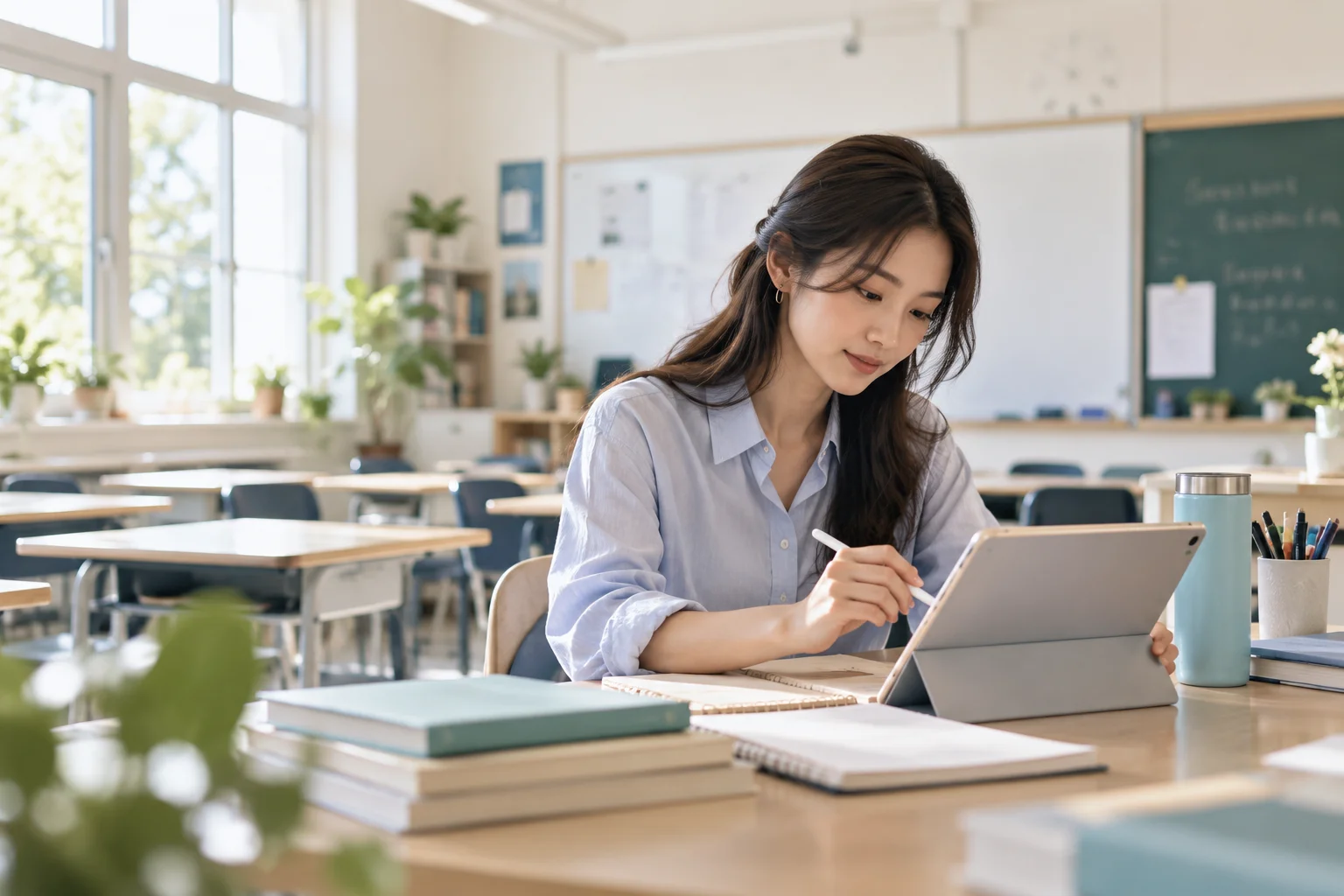 Generated image: a teacher preparing a lesson on an iPad in an empty, sunlit classroom