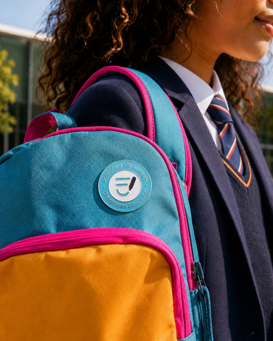 Goodnotes Education enamel pin on a school backpack
