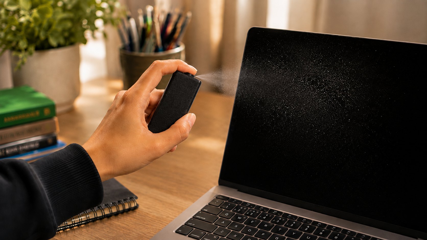 Screen-cleaning spray in use on a laptop
