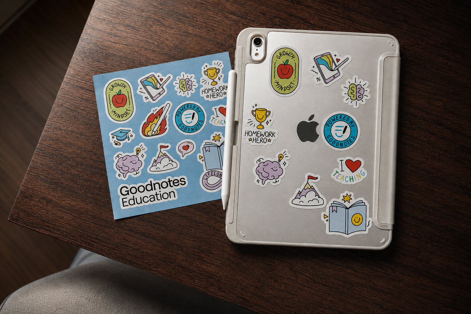 Goodnotes Education sticker sheet applied to an iPad case