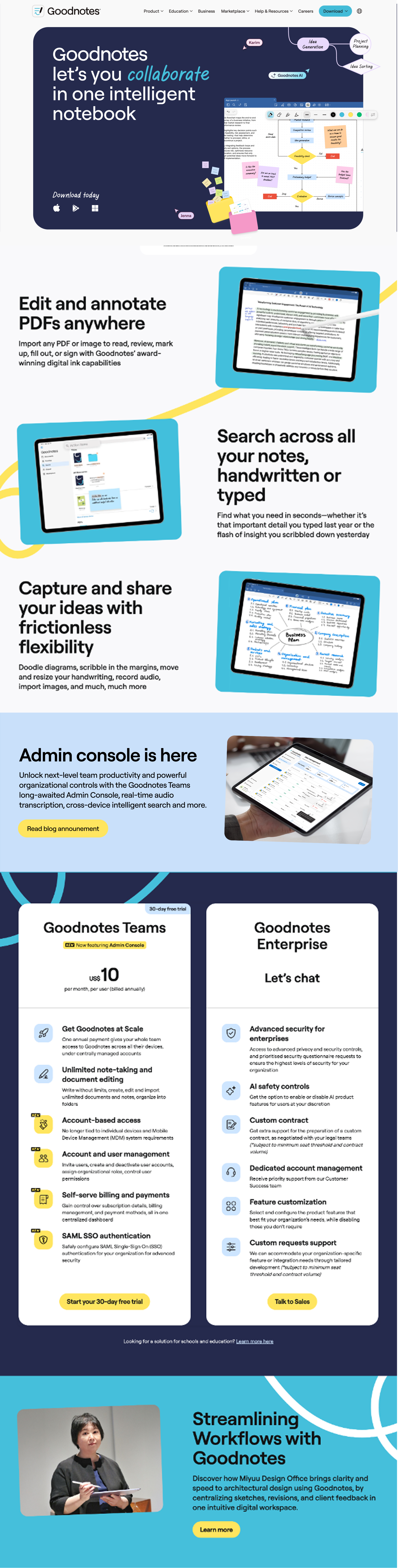 B2B landing page: Goodnotes Teams and Enterprise, admin console and customer story
