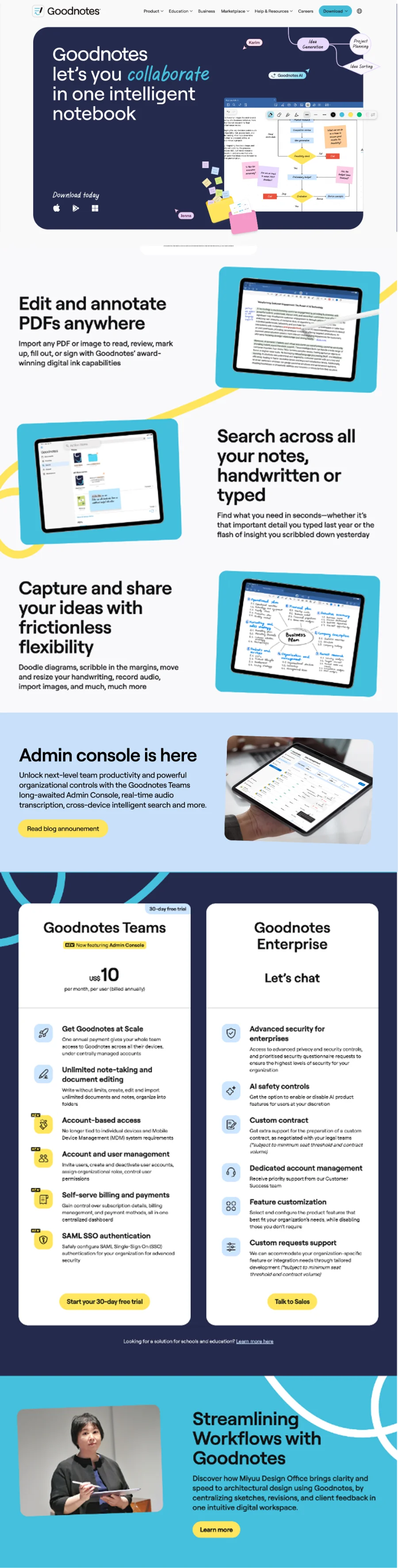 B2B landing page: Goodnotes Teams and Enterprise, admin console and customer story