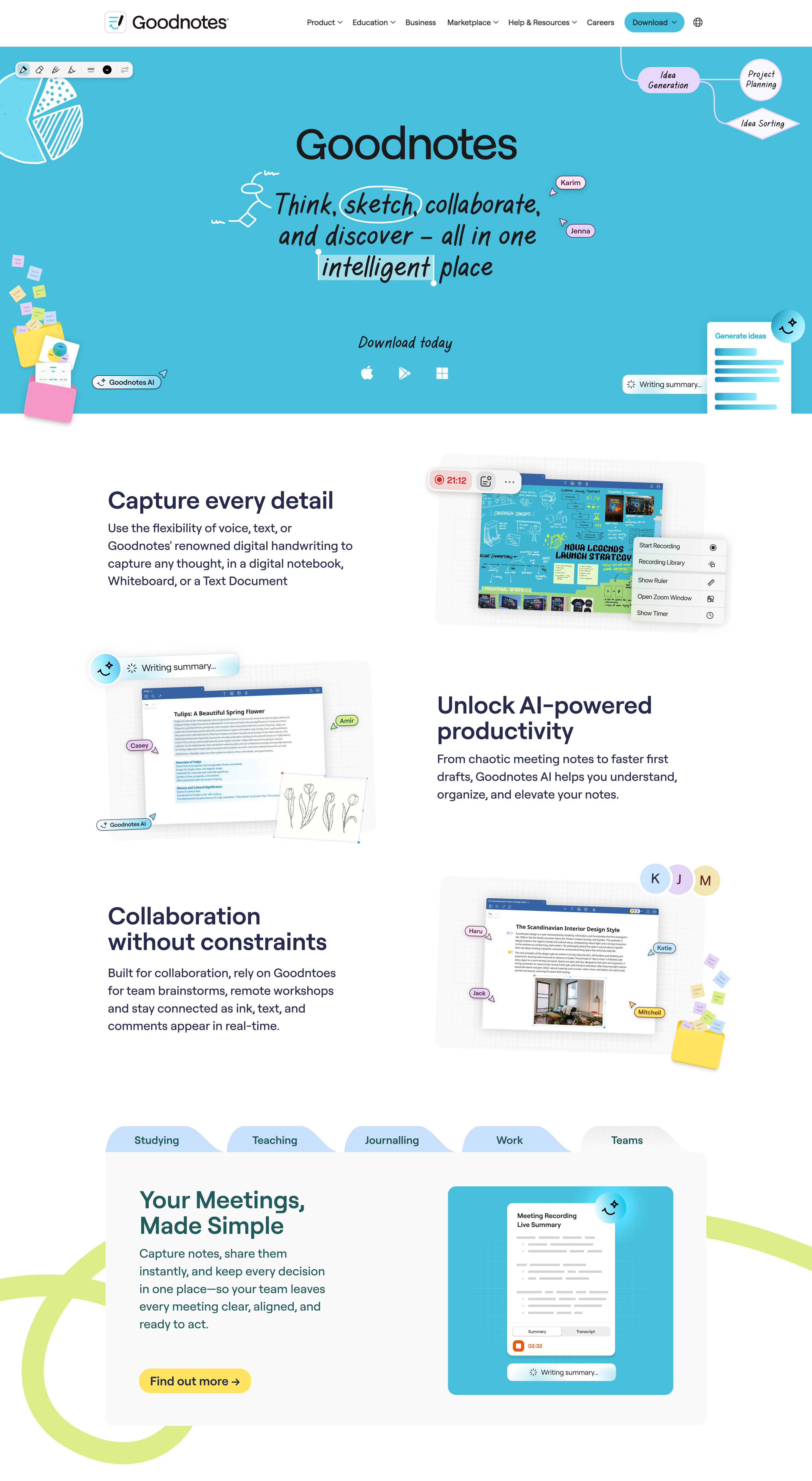 Goodnotes homepage design: Think, sketch, collaborate