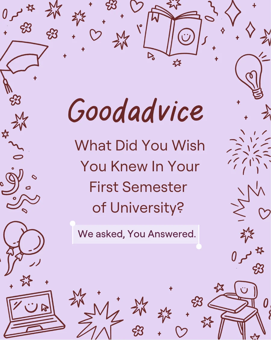 Goodadvice student post with a maroon illustration pattern on lilac