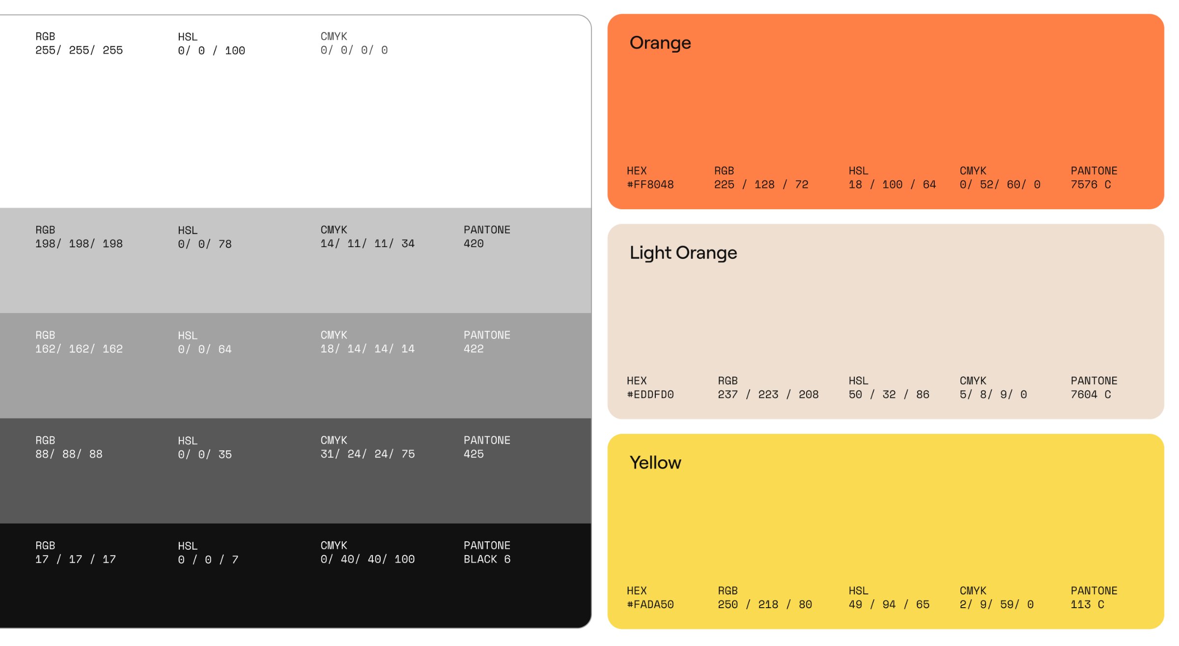 Colour palette: greyscale ramp with orange, light orange and yellow