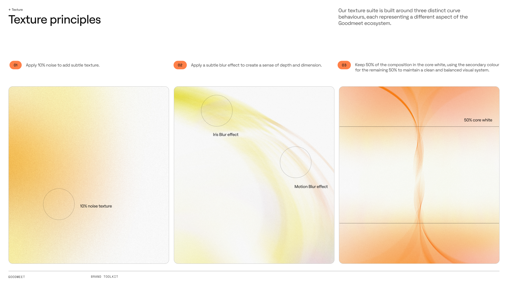 Texture principles: 10% noise, iris and motion blur, and 50% core white