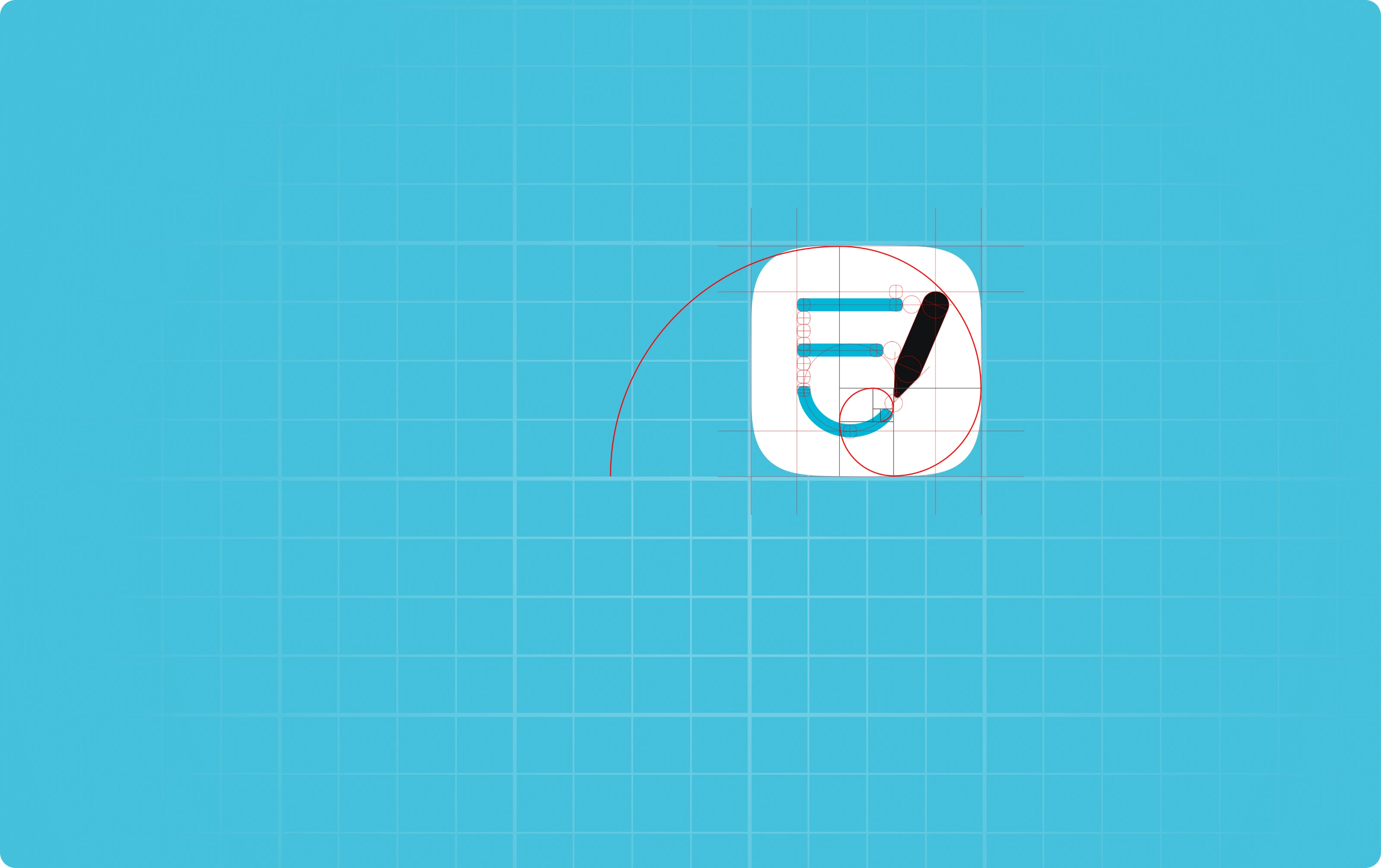 The redrawn Goodnotes icon on its golden-ratio construction grid, over the teal brand grid