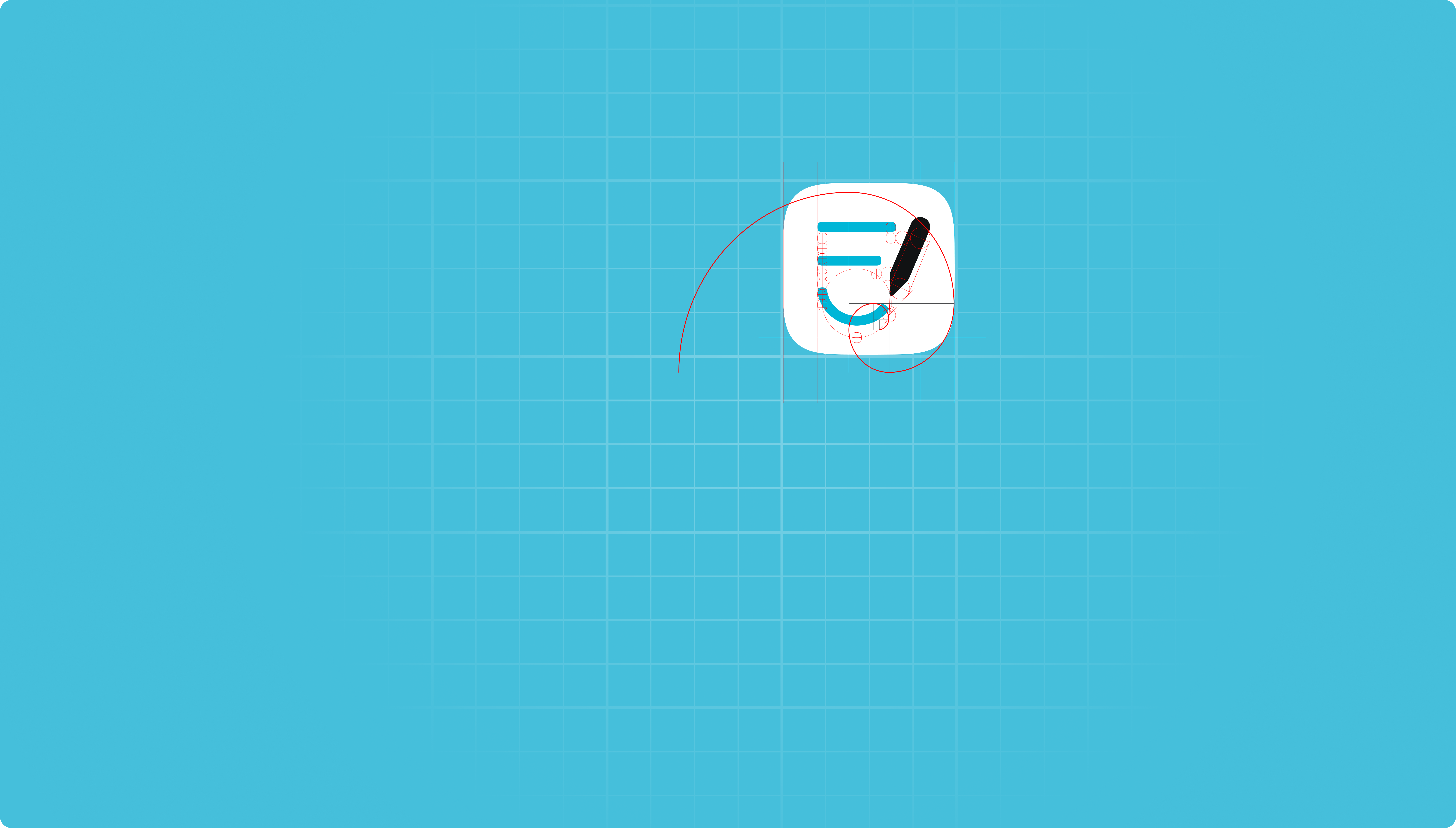The redrawn Goodnotes icon on its golden-ratio construction grid, over the teal brand grid