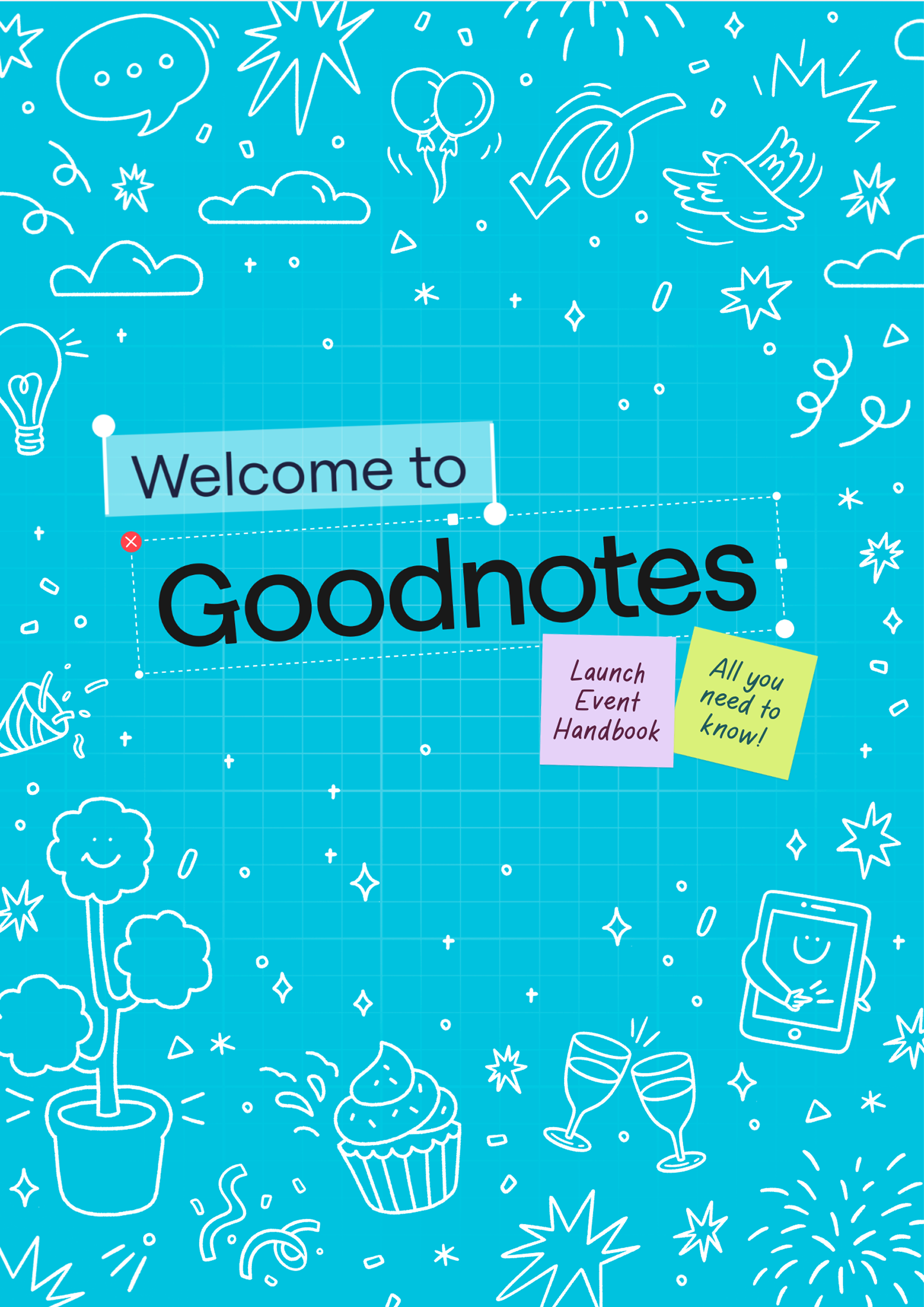 Welcome to Goodnotes launch event handbook cover with a white illustration pattern on teal