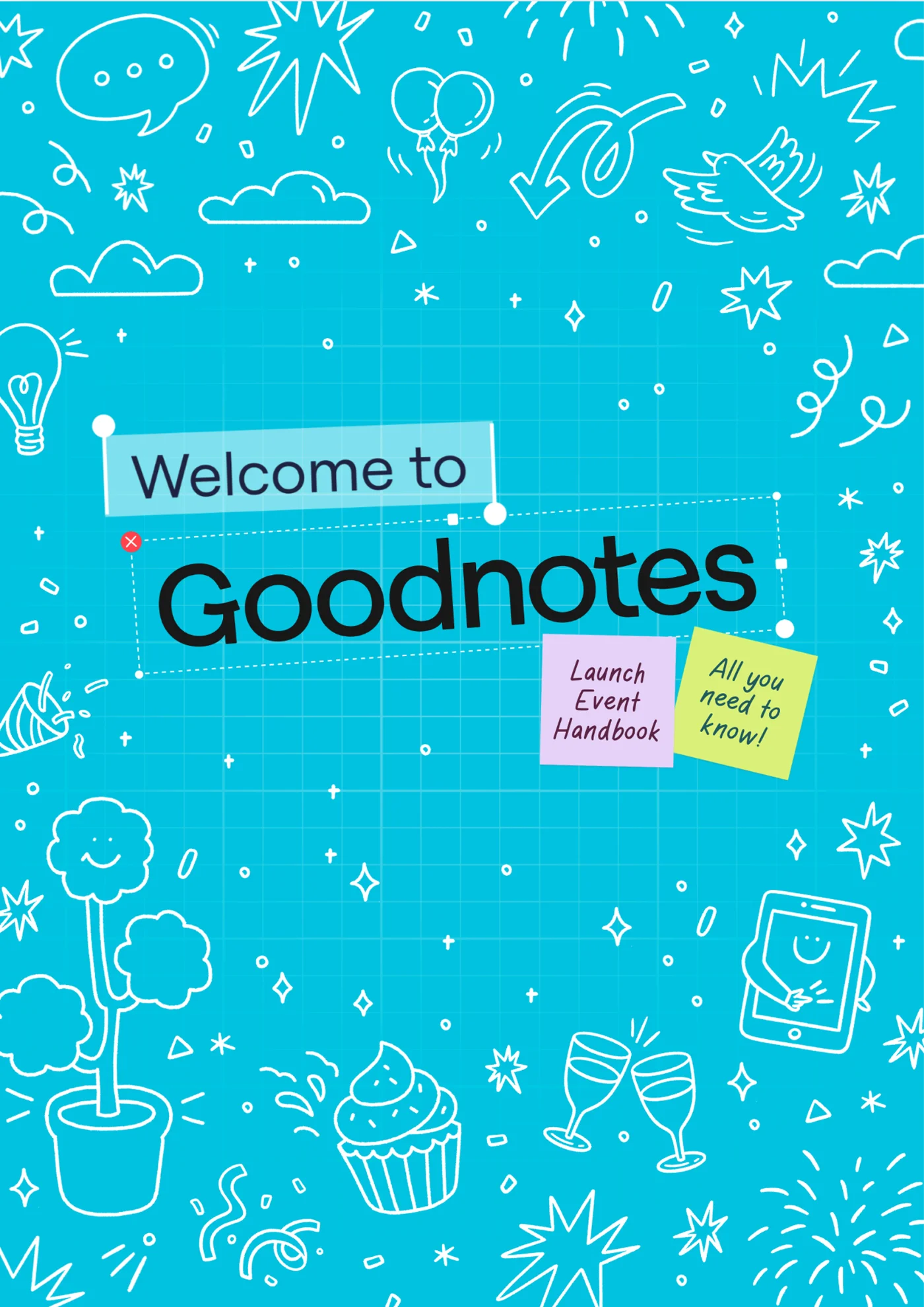 Welcome to Goodnotes launch event handbook cover with a white illustration pattern on teal
