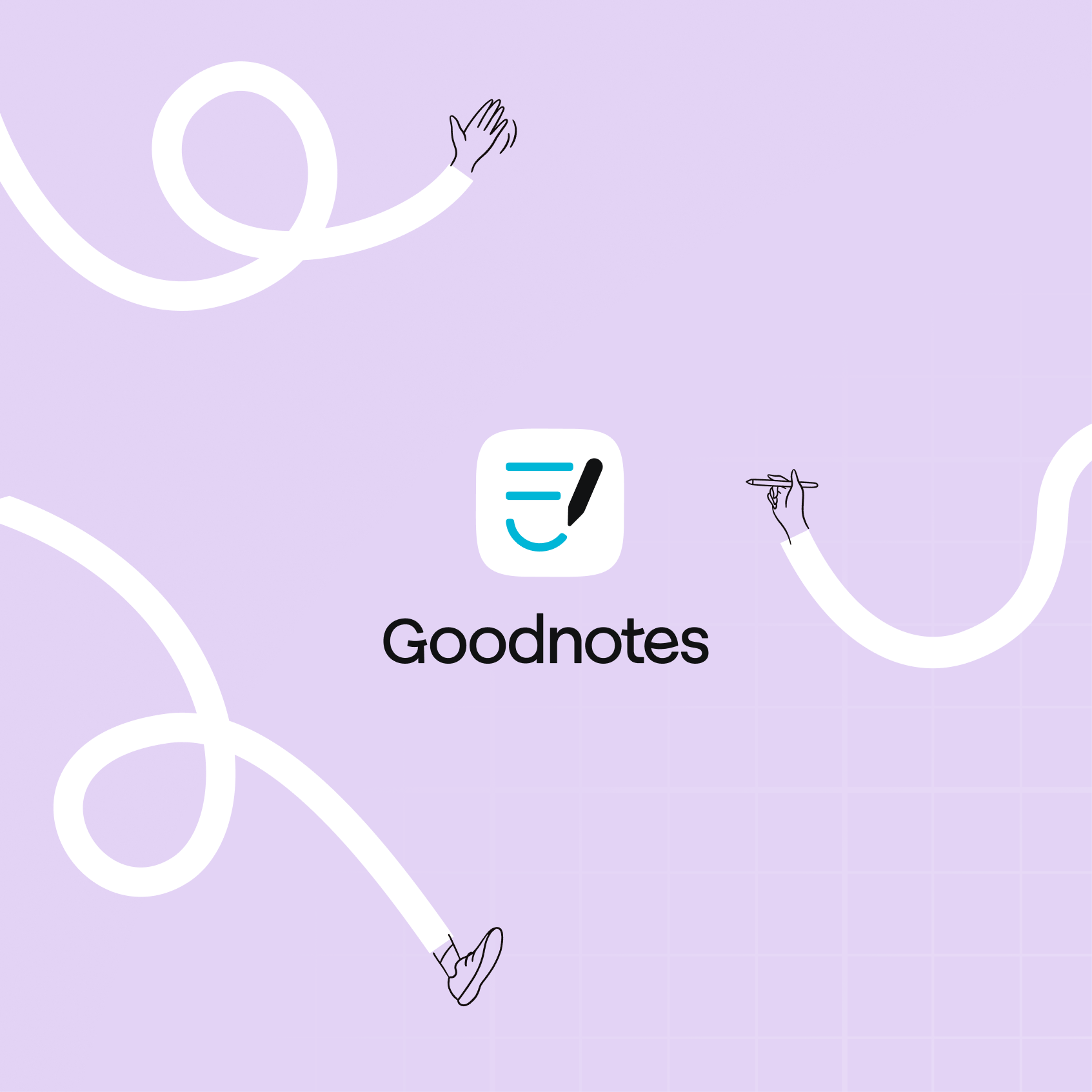Goodnotes logo on lilac with white journey lines ending in a waving hand, a hand holding a pen and a foot