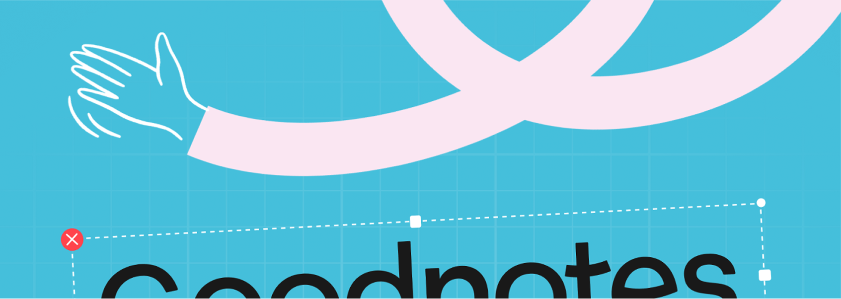 Pink journey line ending in a waving hand above the Goodnotes wordmark on teal
