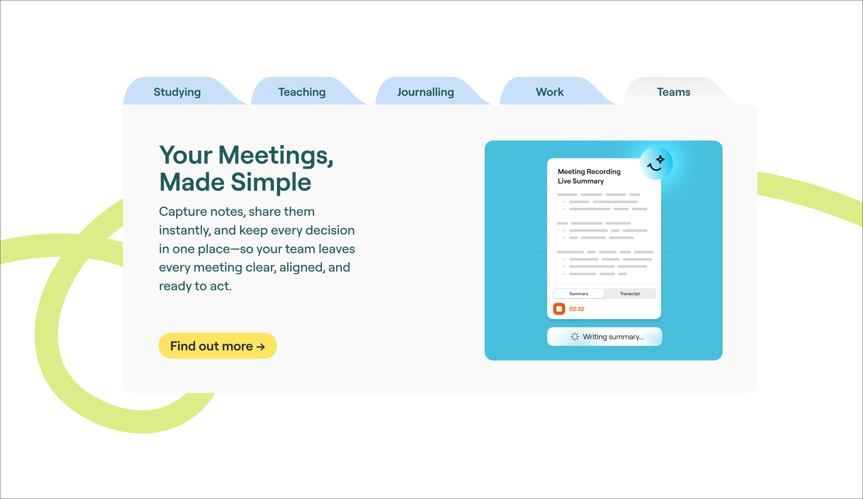 Website module for Teams with a looping lime journey line behind the card