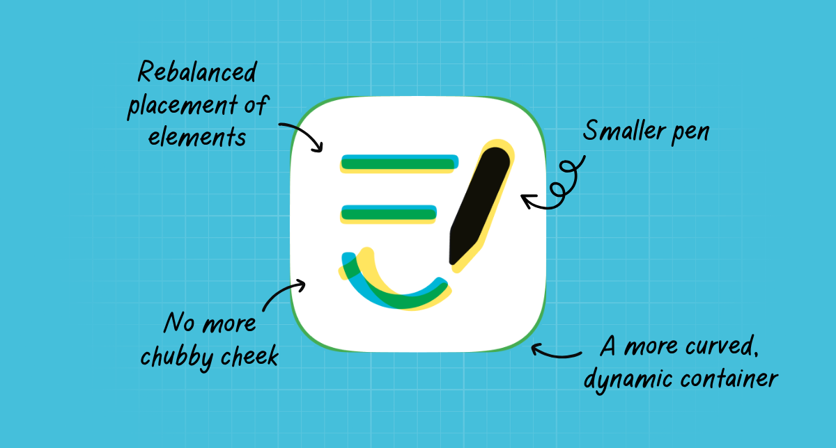Annotated overlay of old and new icons: rebalanced placement, smaller pen, no more chubby cheek, a more curved container