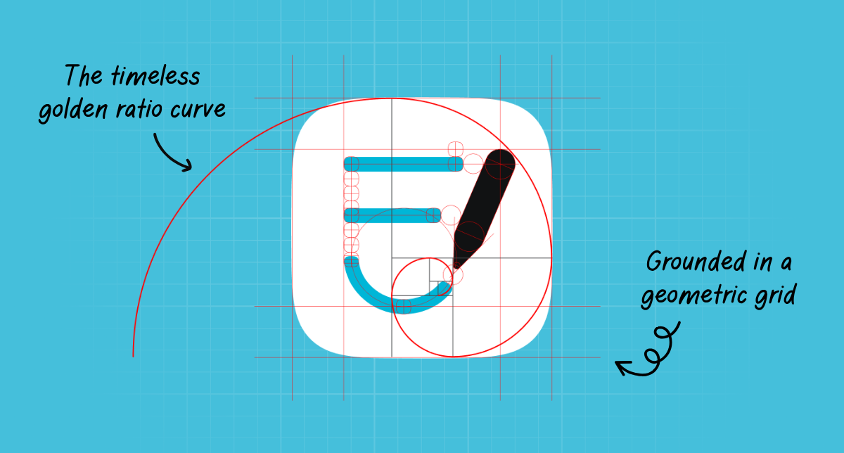 Icon construction on a geometric grid with a golden-ratio curve