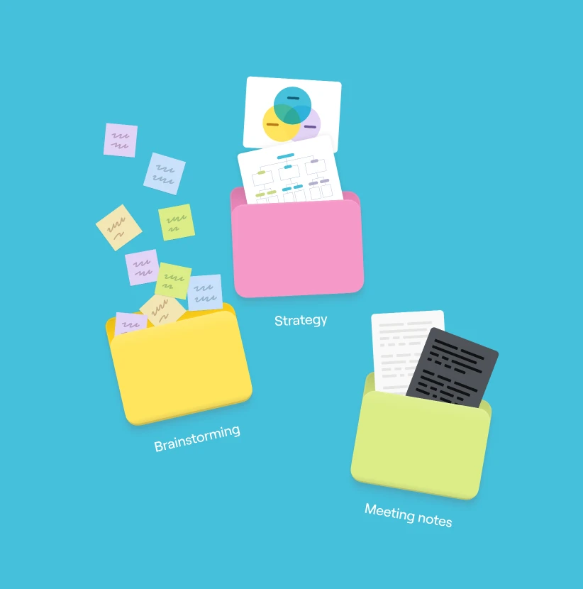Brainstorming, Strategy and Meeting notes folders spilling stickies and documents on teal