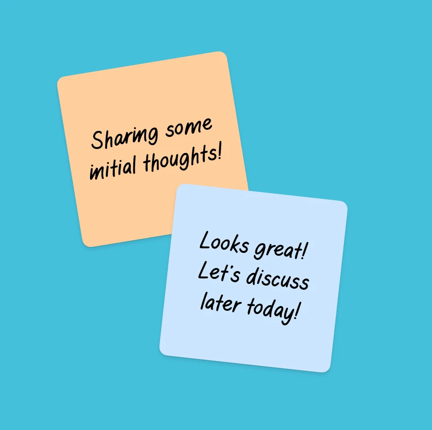 Two sticky notes in Goodnotes Hand on teal: Sharing some initial thoughts, and Looks great! Let’s discuss later today