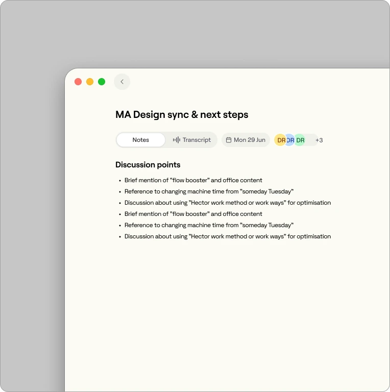 Goodmeet desktop app showing meeting notes in the system’s warm neutral