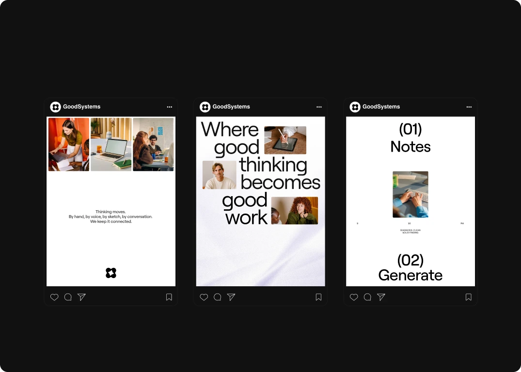 Three Instagram posts: Thinking moves, Where good thinking becomes good work, and a numbered product post