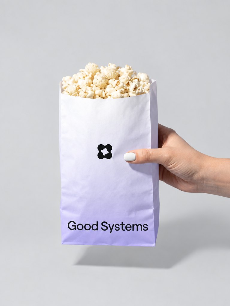 Popcorn bag with lilac gradient, mark and wordmark