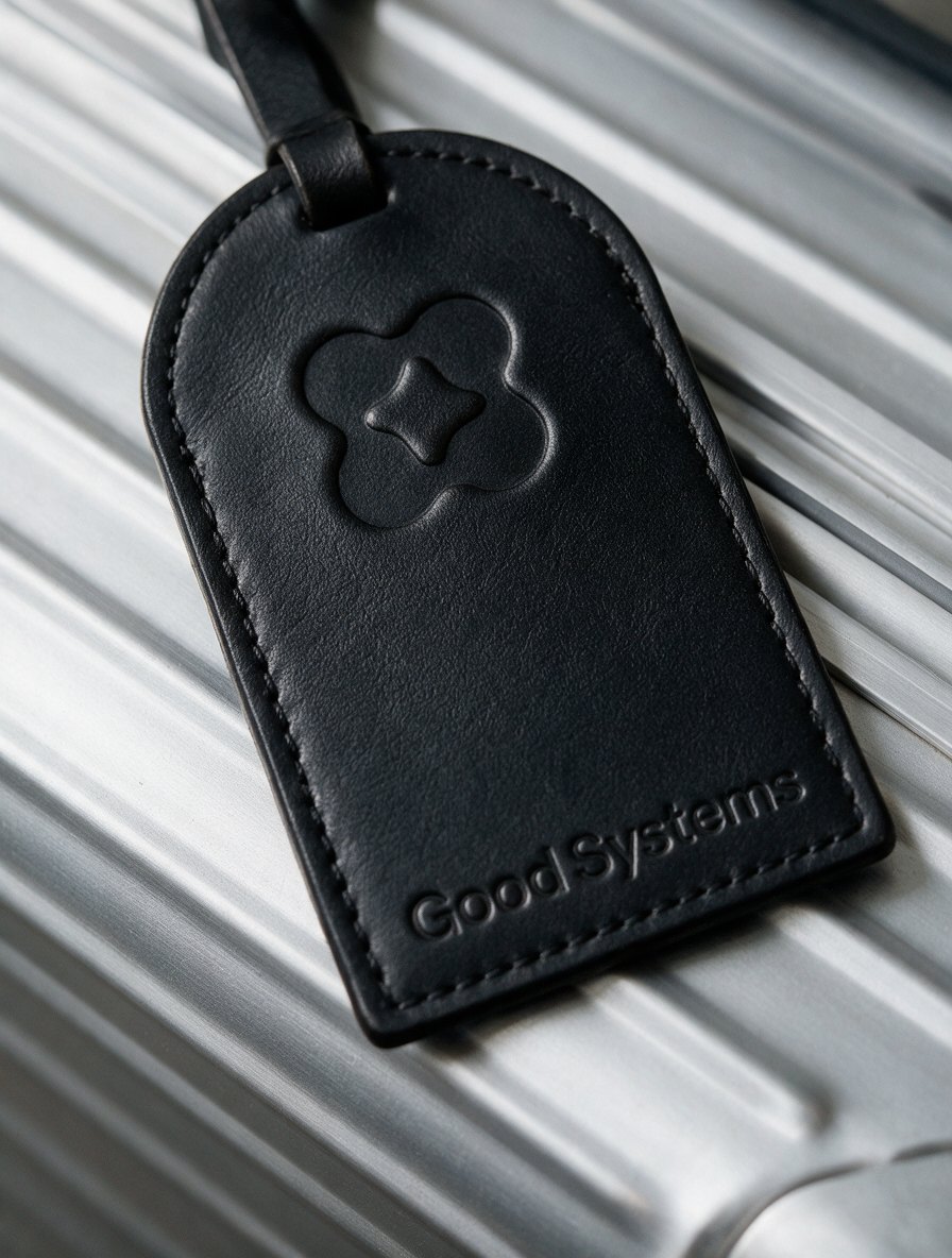 Good Systems leather luggage tag with debossed mark and wordmark