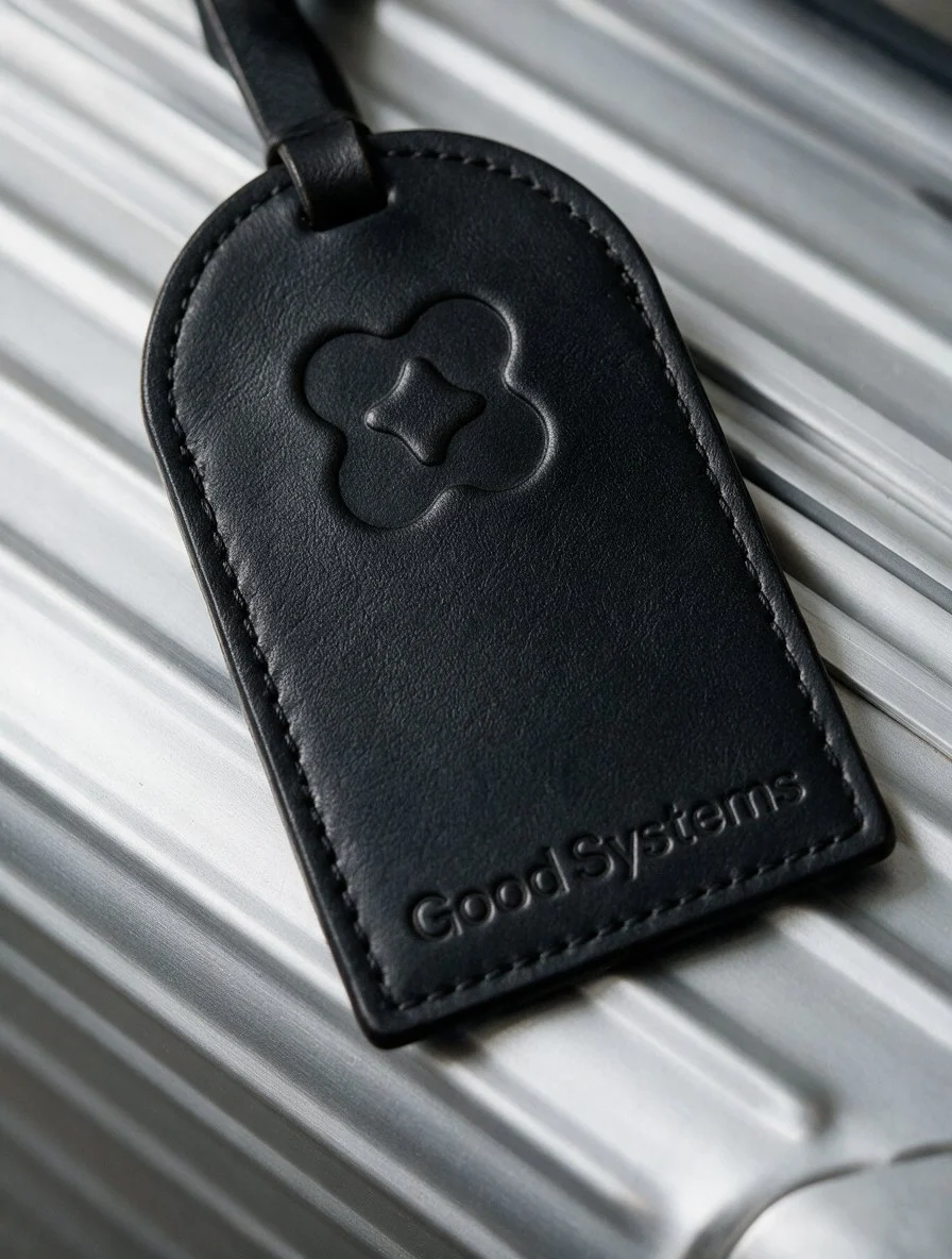 Good Systems leather luggage tag with debossed mark and wordmark