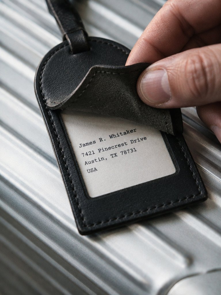 Luggage tag flap lifted to reveal the address card