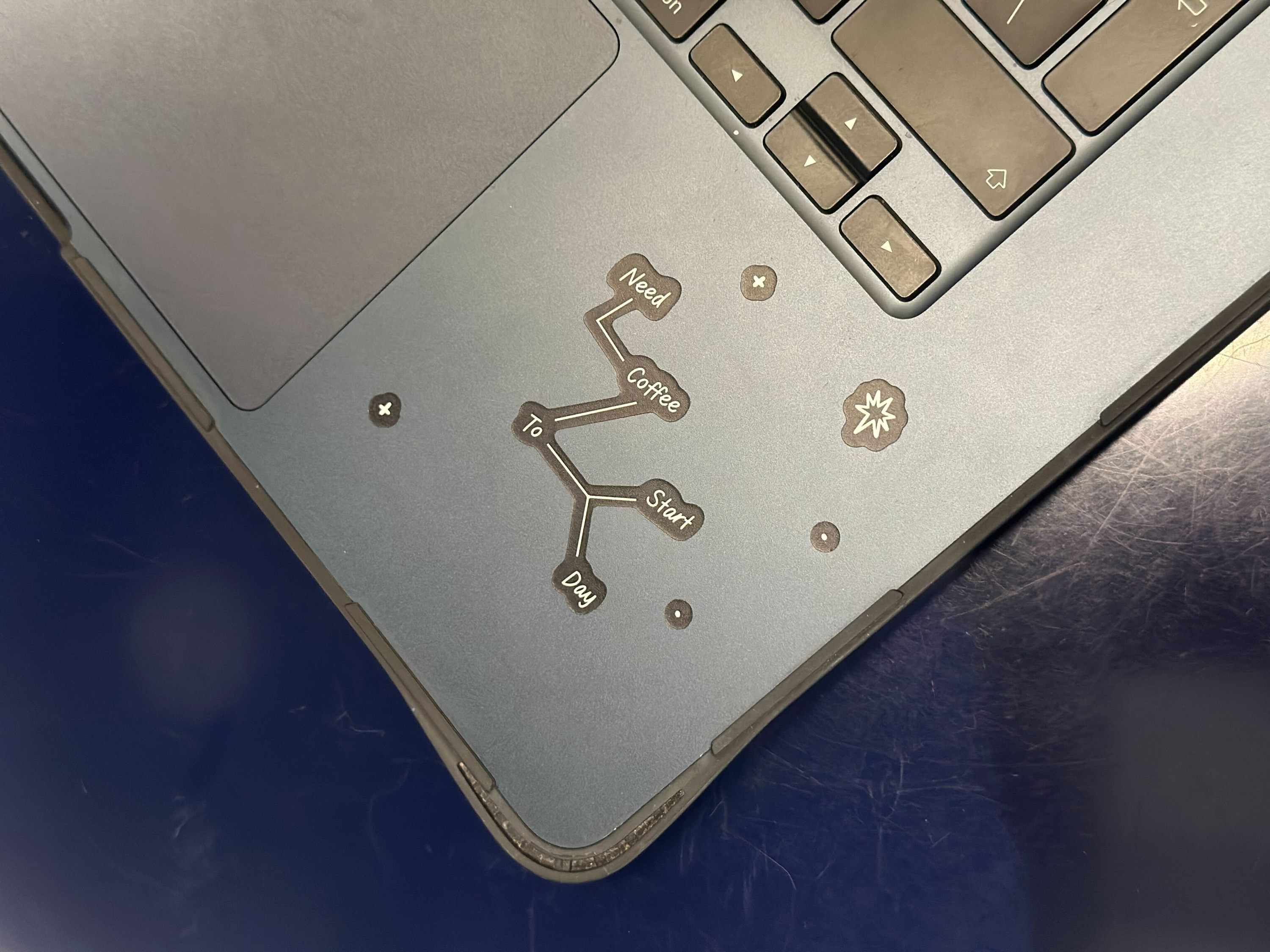 A handwritten constellation sticker: Need coffee to start day