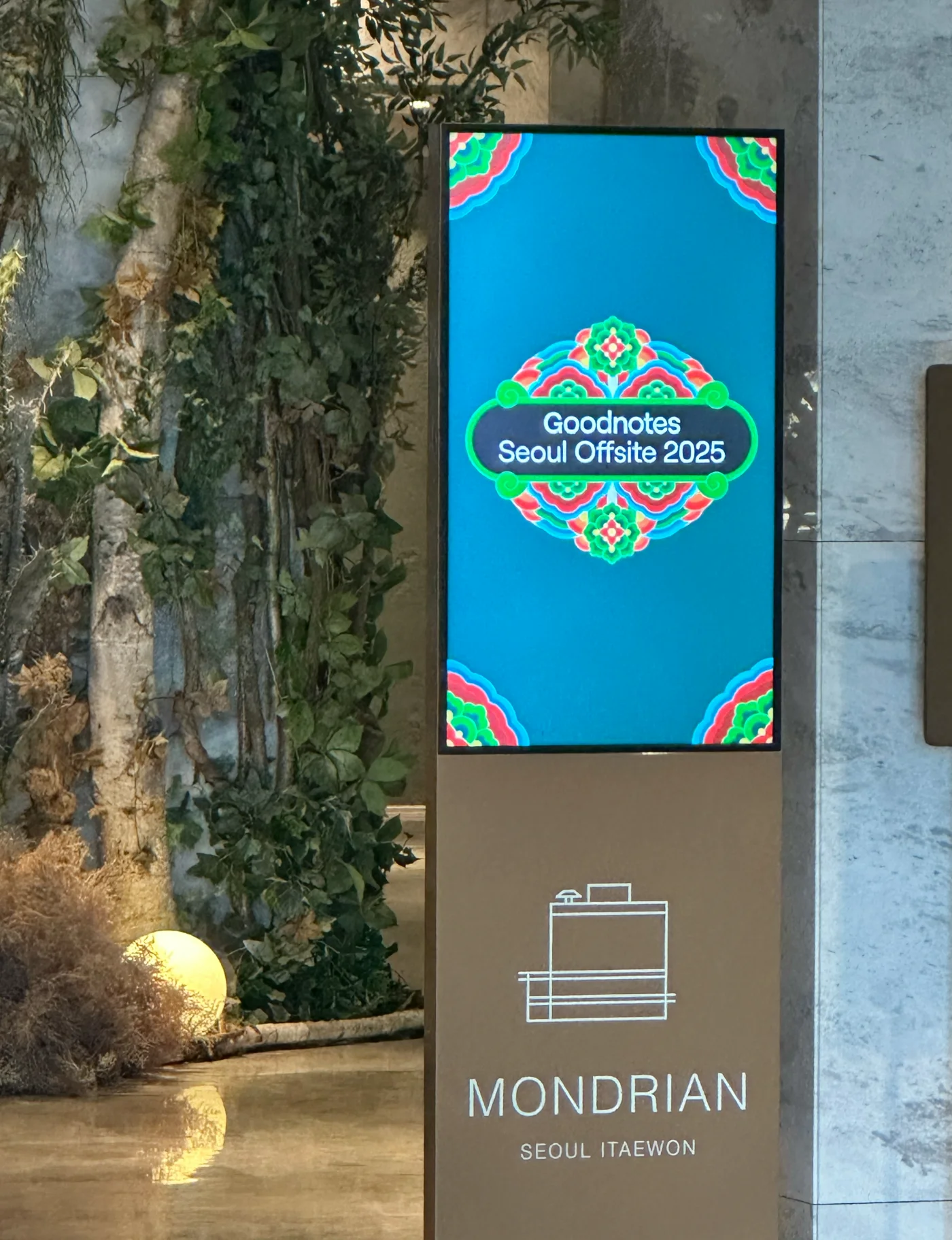 Seoul Offsite 2025 Dancheong graphic on the Mondrian Seoul Itaewon entrance screen