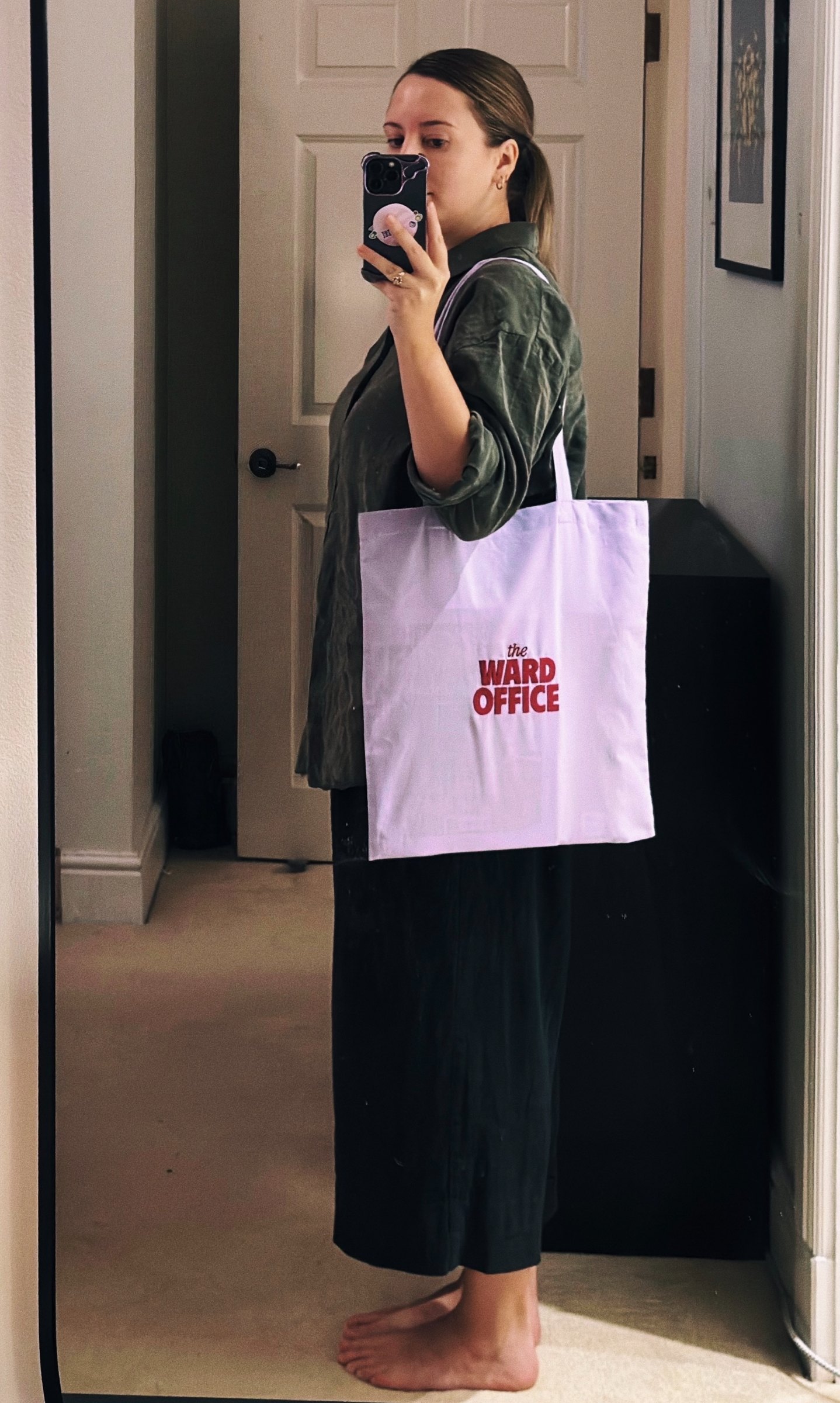 Branded tote in use