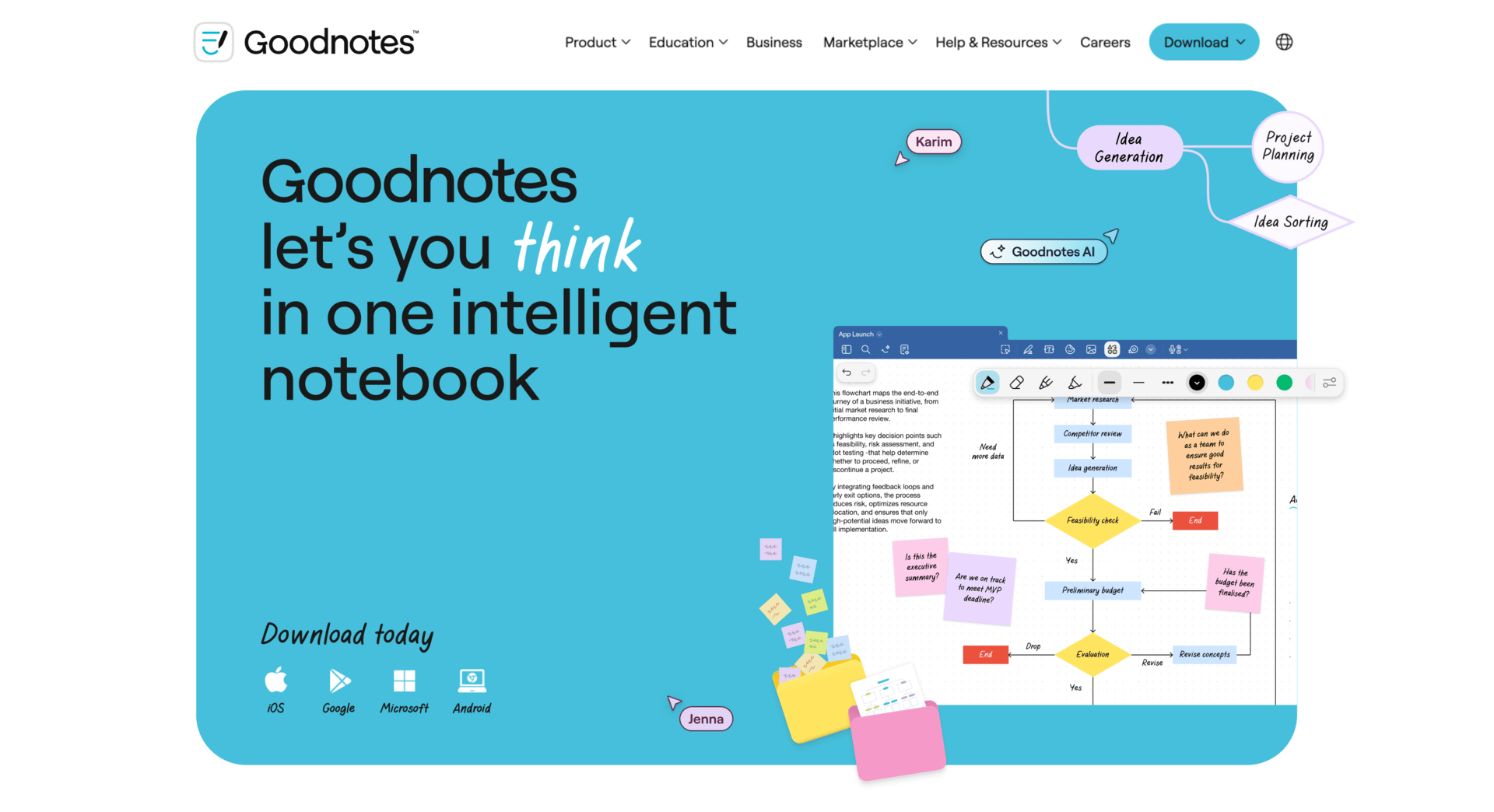 Goodnotes homepage hero: Goodnotes lets you think in one intelligent notebook