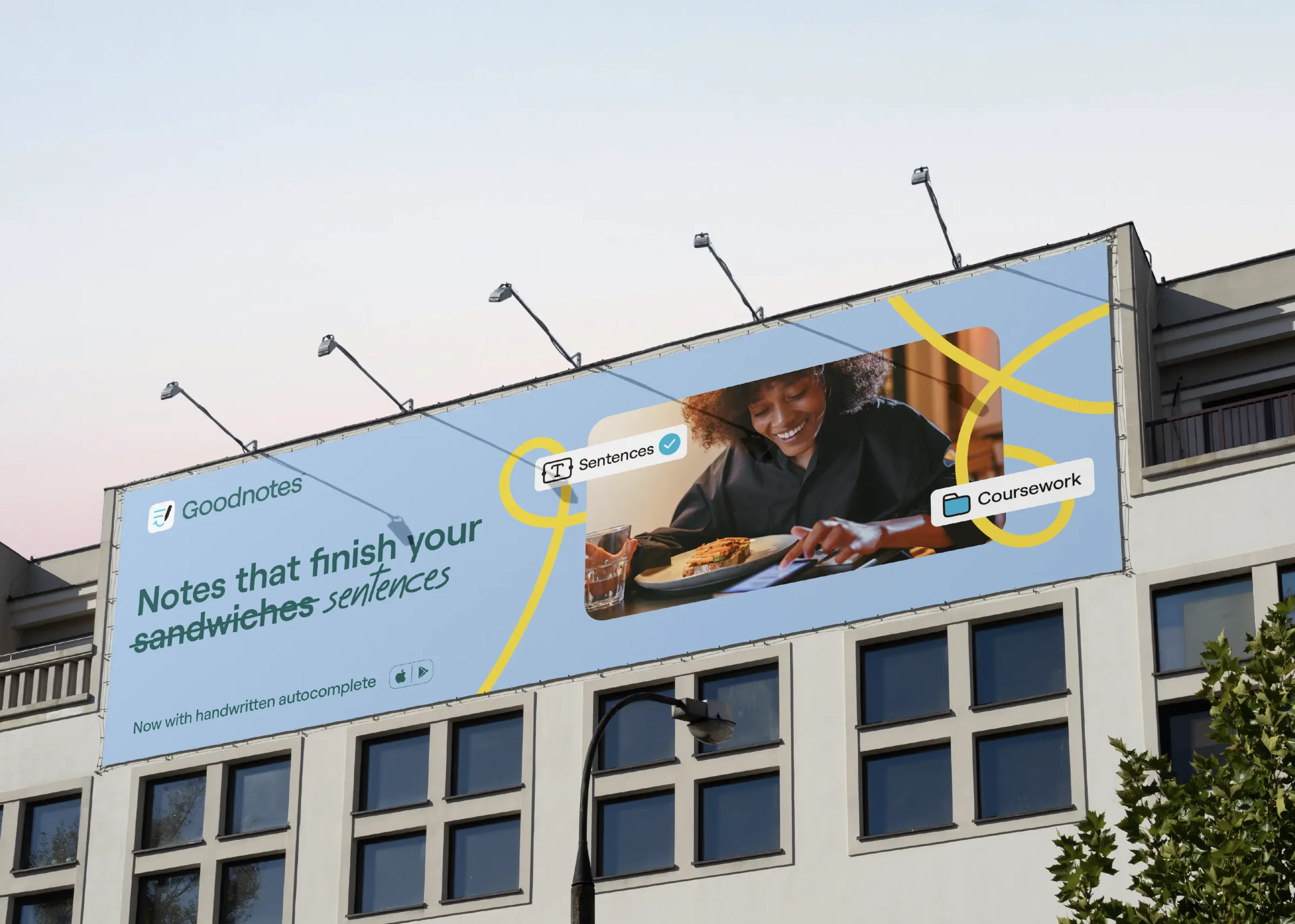 Notes Reimagined billboard mockup: Notes that finish your sentences