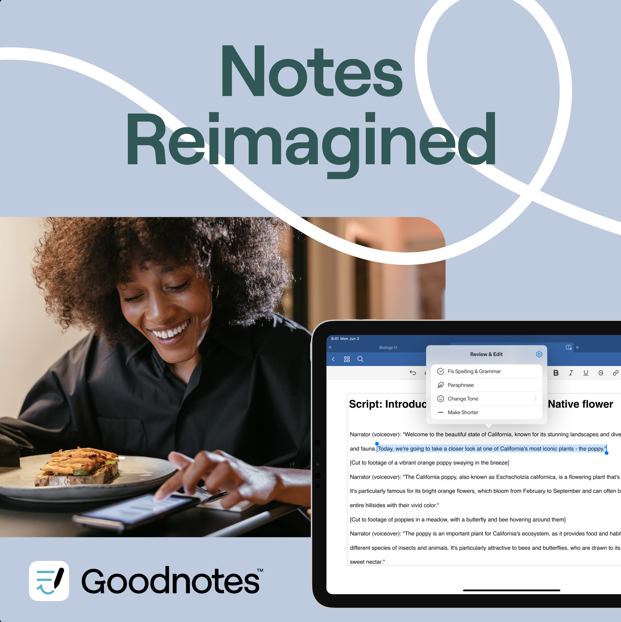 Notes Reimagined square social post, AI writing tools