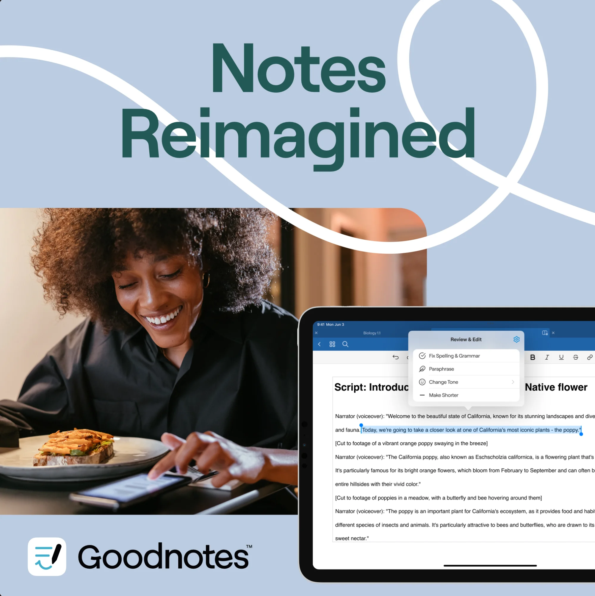 Notes Reimagined square social post, AI writing tools