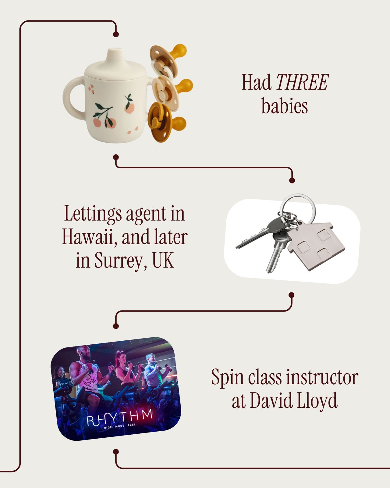 Three babies, lettings agent in Hawaii and Surrey, spin instructor